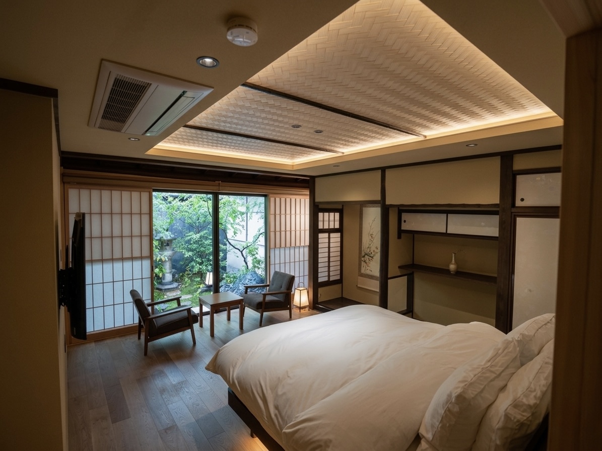Quiet bedroom with a queen bed at Karasuma Ohori Machiya