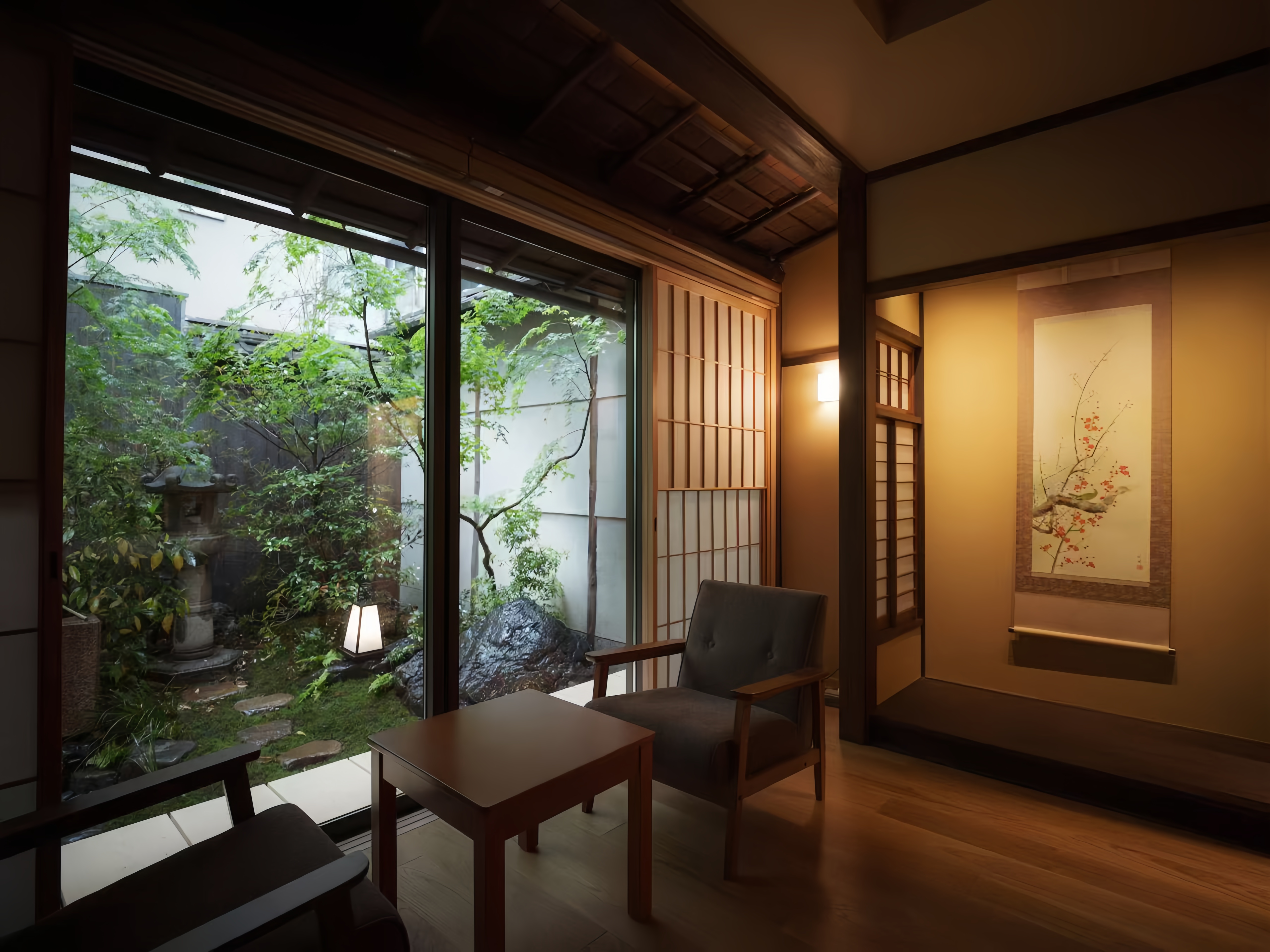 Karasuma Ohori Machiya living room with warm machiya atmosphere
